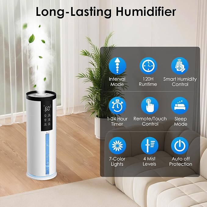 Humidifiers for Bedroom - GloryAir 2.11Gal (8L) Quiet Top Fill Cool Mist Humidifier Large Room 550 ft² 120H Runtime with Humidistat, Auto Mode Diffuser 7-Color Light for Plants Baby Adults Office Home