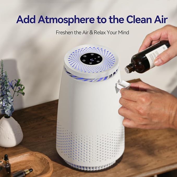 Air Purifiers for Home Bedroom, 3-in-1 HEPA Filter for Pets Dander Dust Pollen Smoke Odors, Quiet Air Cleaner with Sleep Mode, 12H Timer, Night Light, Aromatherapy, Safety Lock, White