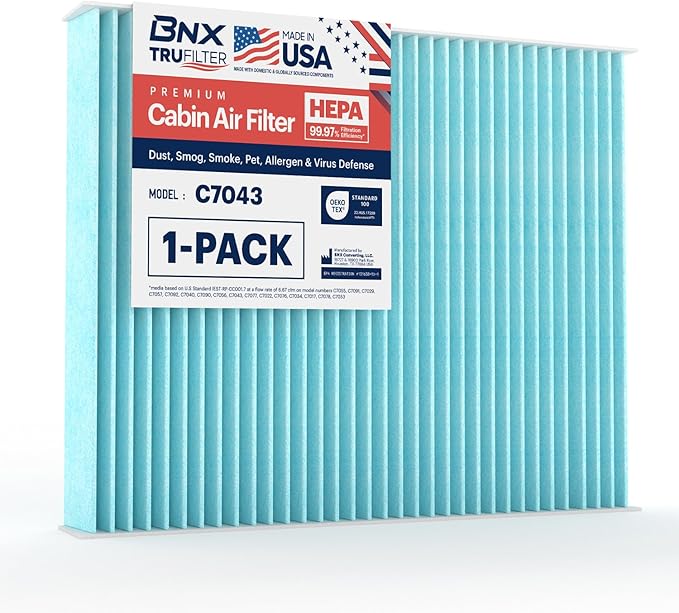 BNX TruFilter C7043 Cabin Air Filter, HEPA 99.97%, MADE IN USA, Compatible With Ford C-Max, Escape, Focus, GT, Transit Connect, Lincoln MKC