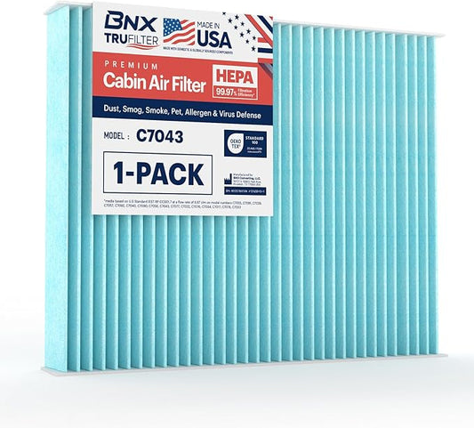 BNX TruFilter C7043 Cabin Air Filter, HEPA 99.97%, MADE IN USA, Compatible With Ford C-Max, Escape, Focus, GT, Transit Connect, Lincoln MKC