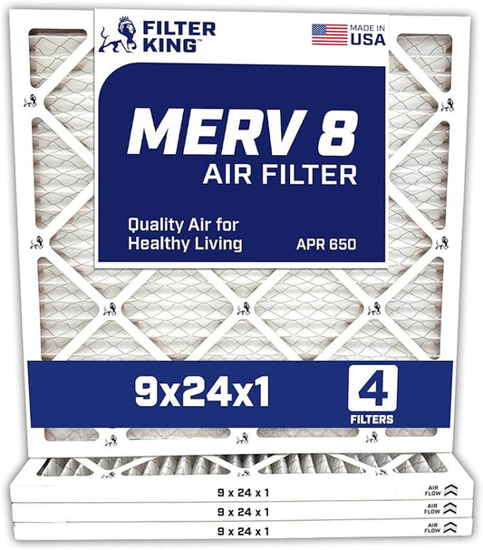 Filter King 9x24x1 Air Filter | 4-PACK | MERV 8 HVAC Pleated A/C Furnace Filters | MADE IN USA | Actual Size: 9 x 24 x .75"