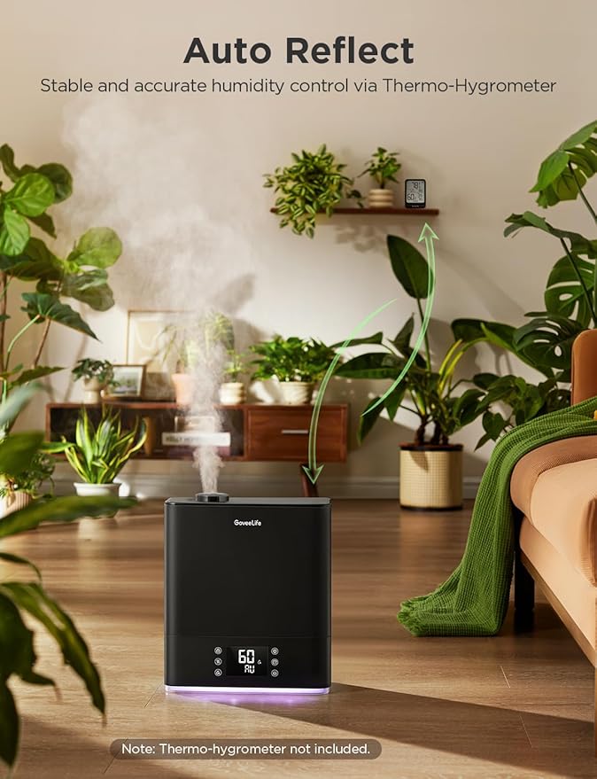 GoveeLife Smart Humidifiers for Bedroom Large Room, Top-Fill Cool Mist 6L WiFi Air Humidifier, Auto Mode, App & Voice Control, 60H Runtime, Rapid Humidification, RGB Nightlight Baby Plants, Black