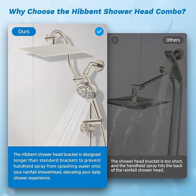 Hibbent Upgraded All Metal 12" Rainfall Showerhead Combo, High Pressure Shower Head with 10-Spray Mode Handheld, 4-way Diverter with Pause Mode, 71'' Shower Hose and Handheld Holder, Brushed Nickel