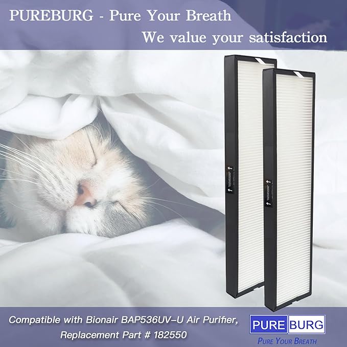 PUREBURG 182550 Replacement Filter Compatible with Bionair BAP536UV-U Air Purifier, 2-Pack H13 HEPA Air Clean Dust