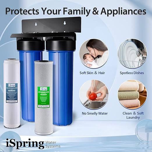 iSpring WGB22B-PB+AHPF12MNPT16X2 2-Stage Whole House Water Filtration System with 20” x 4.5” Carbon Block and Lead Reducing Filters and 3/4" Push-fit Stainless Steel Hose Connectors, Blue
