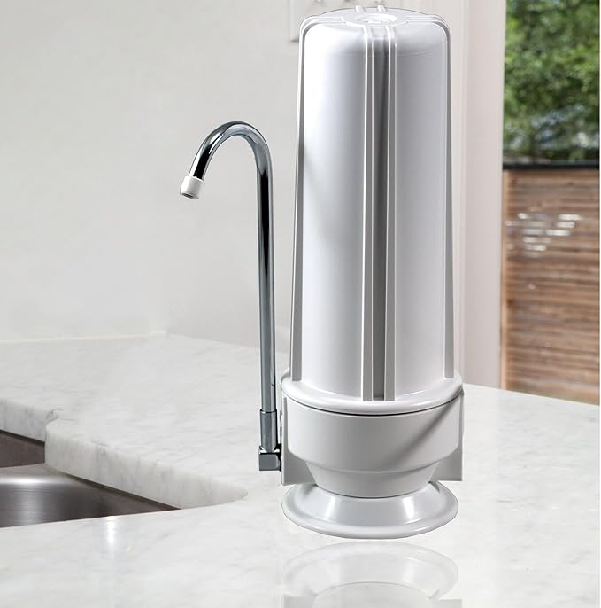 NU Aqua Countertop Water Filter System 1 Stage w/Chrome Faucet + Extra Replacement Carbon Filter - Over The Counter Top Drinking Water Purifier Filtration & Dispenser for Kitchen Sink - 120-Day Trial