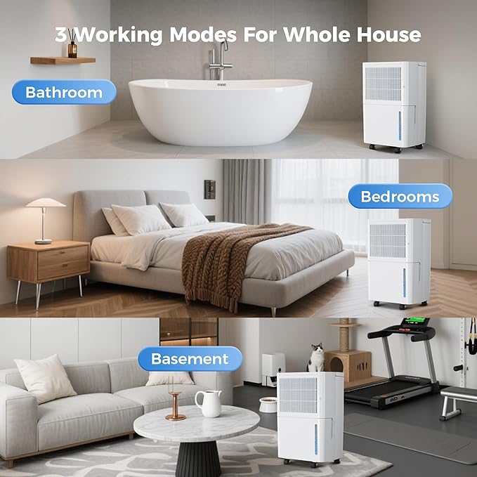 2,500 Sq Ft Portable Home Dehumidifier with Drain Hose, 74 OZ Water Tank, 24 Hr Timer, 3 Modes High Efficiency Compressor for Basement, Bedrooms, Bathrooms and Laundry Rooms