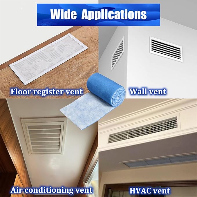 Air Vent Filters Roll, 12" x 90" Cut to Size Air Filters with 66PCS Velcros(35+ Filters), MERV 8 Triple Filtration Vent Filter Material for Home Floor, Ceiling, HVAC, AC, Grilles (12x90 inch)