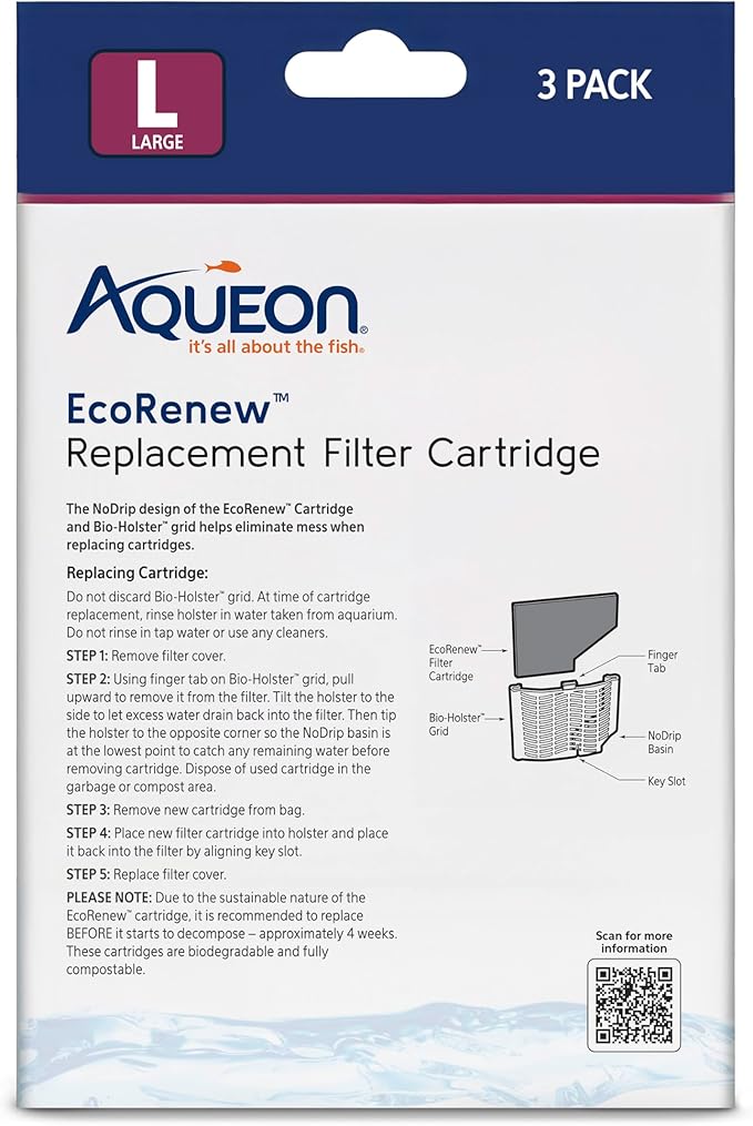 Aqueon Genuine EcoRenew Filter Cartridges, for Freshwater and Saltwater Aquariums, Large, 3-Pack