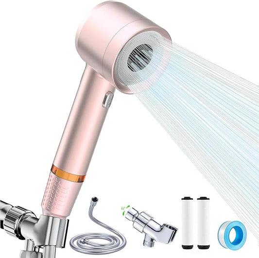 High Pressure Shower Head with Handheld, with Pause Switch 4 Spray Modes Water Saving Showerhead,Showerhead Set with Hose, Bracket and Cotton Filter, (pink)