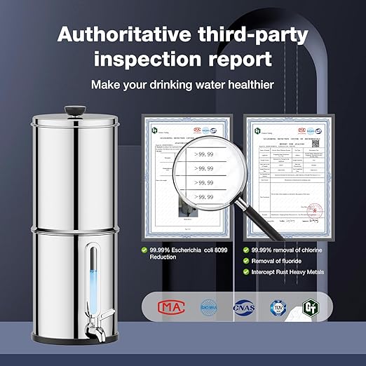 1.5G Gravity-fed Water Filter System - NSF/ANSI 42&372 Certified 18/8 Stainless Steel Countertop Water Filtration System - Water Level Window, Reduce 99.9% of Chlorine, for Camping, RVs