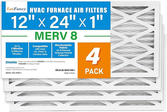 LotFancy 12x24x1 Air Filter MERV 8 Dust Defense (4-Pack) Pleated HVAC Furnace Air Filters, Replacement for Home AC & Heating Systems, Actual Size: 11.75" x 23.75" x 0.75