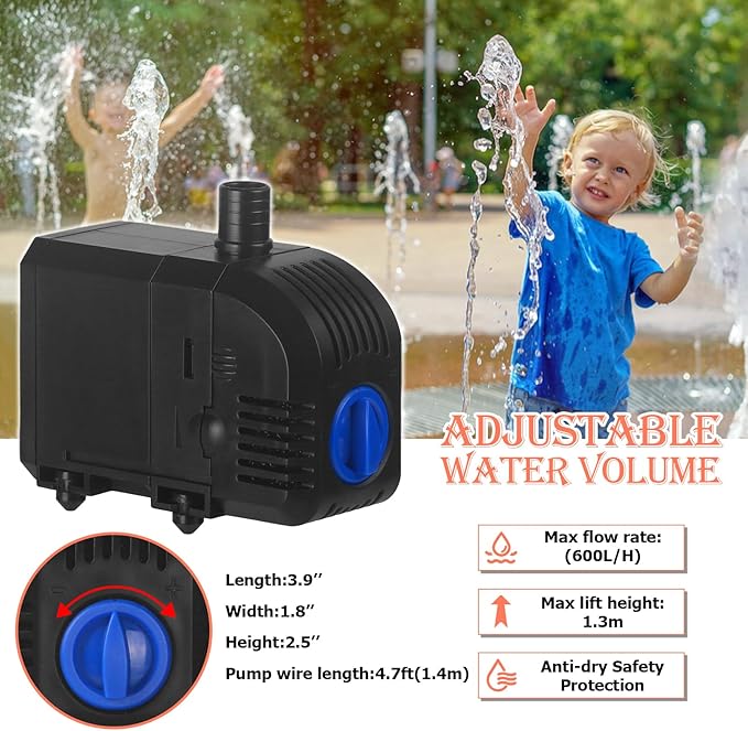 TARARIUM Submersible Pump 160GPH Small Fountain Water Pump 8W for Aquarium Fish Tank, Pond, Fountain, Hydroponics （600L/H）