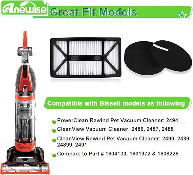 Filter Replacement for Bissell CleanView 2486, 2487, 2488, 2490, 2492, PowerClean 2494 Vacuum, Compare to Part # 1604130, 1601972, 1608225, 2 HEPA +4 Foam & Felt Filters
