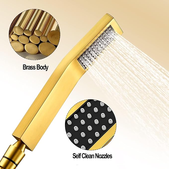 High Pressure Square Rain Gold Shower Head and Handle Shower Set.Equipped with 78" Stainless Steel Shower Hose, 3 Way Diverter Valve, Adhesive Shower Head Holder (Rainfall Shower Head Set AWAXFOLO)