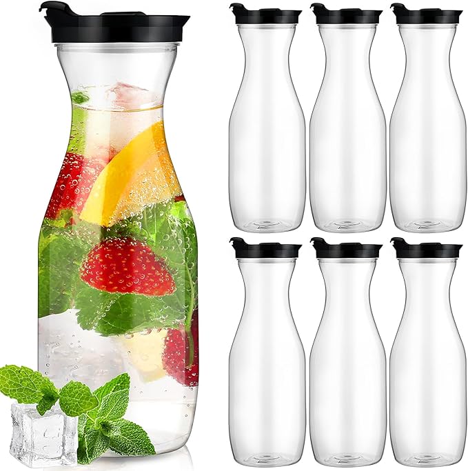 Gejoy 6 Pcs Plastic Water Carafe with Lids 32 oz Clear Juice Pitchers for Mimosa Bar Drinks Milk Iced Tea Beverage Containers for Home Restaurant School Fridge, Not Dishwasher Safe (Black Cap)