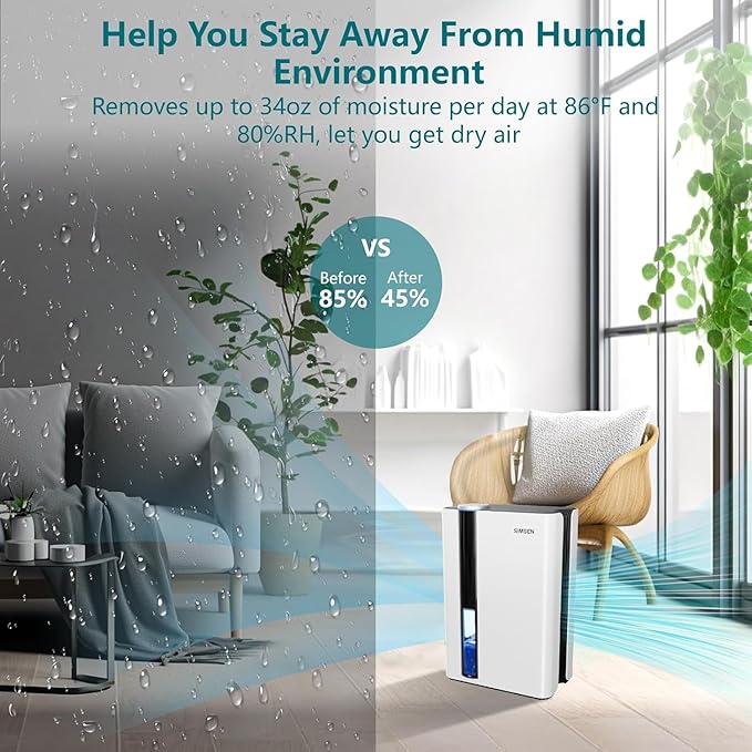 SIMSEN 95oz Dehumidifiers for Home, 800 sq ft Quiet Small Dehumidifier with Drain Hose, Dehumidifiers for Bedroom Bathroom Basements Closet RV (White)
