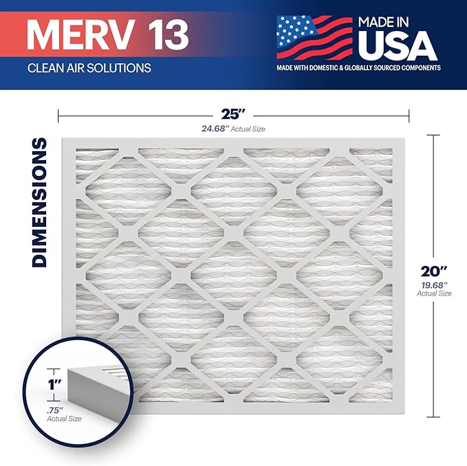 BNX TruFilter 20x25x1 Air Filter MERV 13 (4-Pack) - MADE IN USA - Electrostatic Pleated Air Conditioner HVAC AC Furnace Filters for Allergies, Pollen, Mold, Bacteria, Smoke, Allergen, MPR 1900 FPR 10