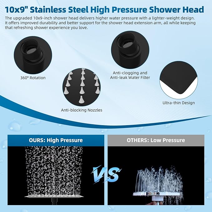 Hibbent All Metal Shower Head, 10'' High Pressure Rain Shower Head/Handheld Showerhead Combo with 16'' Adjustable Extension Arm, 10 Sprays, 71'' Hose, Adhesive Showerhead Holder, Matte Black