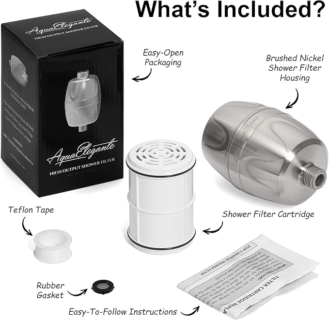 Aqua Elegante Shower Water Filter For Showerhead - Home Shower Head Filters To Remove Chlorine + Hard Minerals - Purifier And Filtered Softener System Best With Activated Charcoal - Brushed Nickel