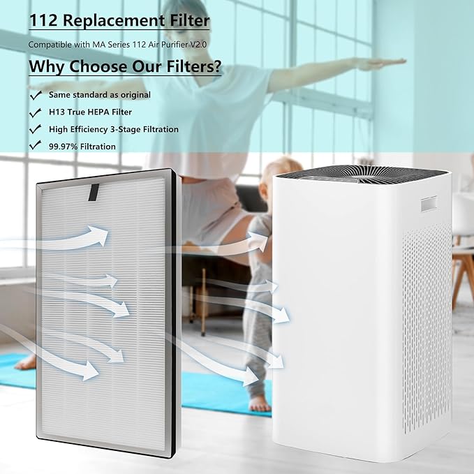 112 Replacement Filter Compatible with MA Series 112 V2.0 Air Purifier, 3-in-1 H13 Filtration True HEPA Activated Carbon Filter, (2 Pack)