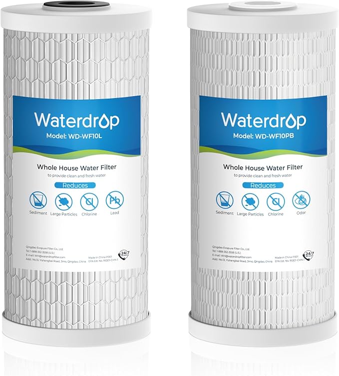 Waterdrop Whole House Water Filter, Sediment Filter Reduce Lead, Chlorine Filter Cartridge, Replacement for GE® FXHTC, GXWH40L, iSpring, Culligan® RFC-BBSA, Whirlpool®, Any 10" x 4.5" System, 5 Micron