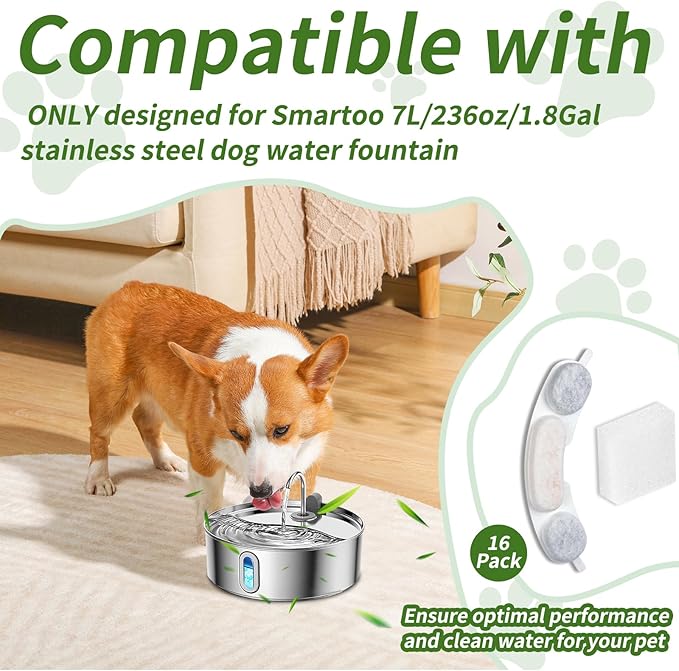 16 Sets Pet Dog Replacement Filters Compatible with Smartoo 7l/236oz/1.8G Dog Water Fountain, Water Fountain Filters for Stainless Steel Dog Water Fountain