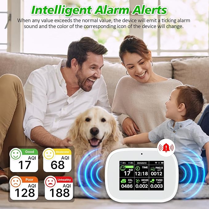 18-in-1 Smart Air Quality Monitor - Indoor WiFi Air Quality Detector with Dual Chip, Real-Time for AQI, CO2, PM2.5, PM1.0, PM10, TVOC, HCHO, Time Display, Temperature & Humidity with APP (White-Black)