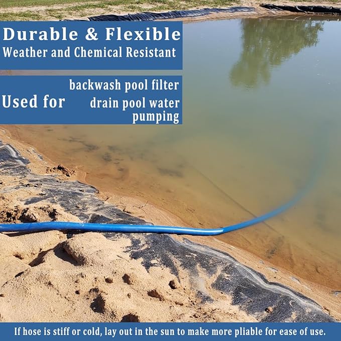 Pool Backwash Hose 2 inch × 25 ft Thicken Blue Water Discharge Pipe Lay Flat Tubing Hose for Backwash Pool Filter, Drain Pool Pond Water (2in-25ft Vinyl Tubing)