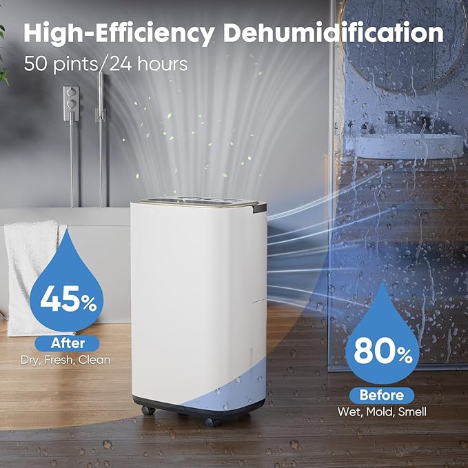 Sweetcrispy 4,500 Sq. Ft. Dehumidifier for Basement, 50 Pints Dehumidifiers for Home with Drain Hose, 1.58 Gallon Water Tank Portable Quiet Moisture Remover, Ideal for Whole House, Bedroom & Bathroom