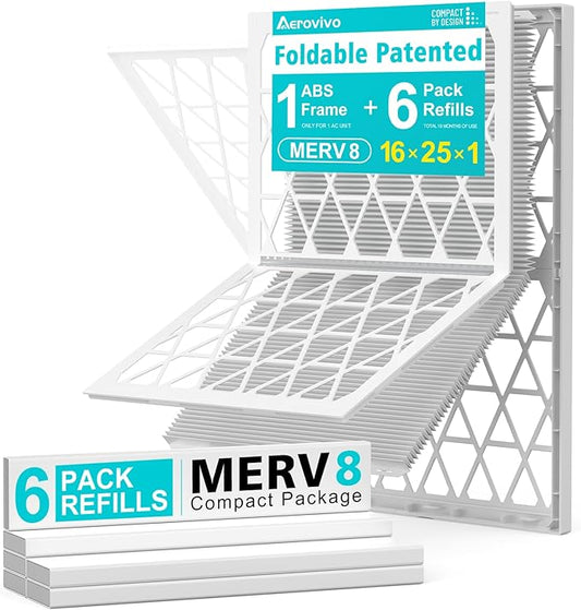 16x25x1 Refillable Air Filter Kit, MERV 8, 1 Reusable Foldable Frame ＆ 6 Refills, Fits Most AC HVAC Furnace Devices, Actual Size 15.75x24.75x0.75in
