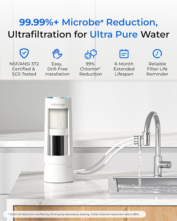 [Ultra Filtration] Waterdrop Water Filter for Sink Faucet, 4000 Gallons Countertop Water Filter System, Filter Life Reminder, 0.01μm Ultra-Filtration System, Reduces 99% Chlorine, WD-CTF-08 (1 Filter)
