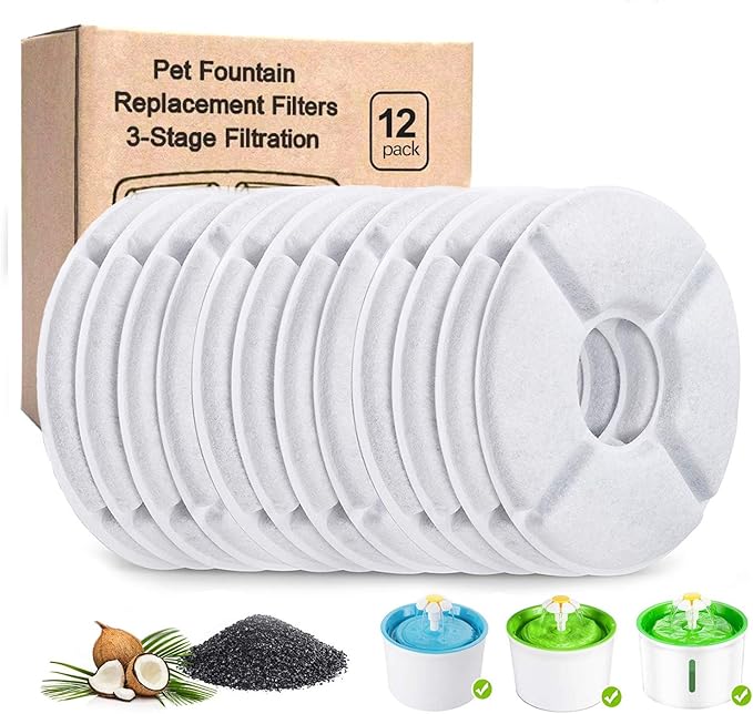 12-Pack Cat Water Fountain Filters, Round Replacement Filters for 2.4L Fountains