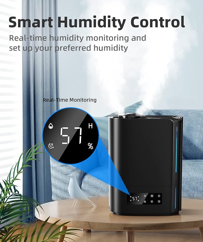 BREEZOME 6L Humidifiers for Bedroom Large Room & Essential Oil Diffuser, Ultrasonic Top Fill Cool Mist Humidifiers for Baby, Plants, Nursery Last up to 60 Hours, Smart Humidistat Control, Quiet, Black