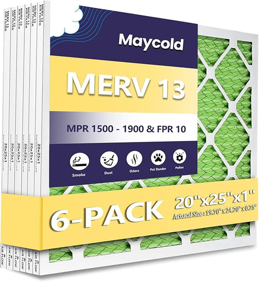 Maycold MERV 13 20x25x1 Air Filter (6-Pack), High-Efficiency Pleated AC & Furnace Filters, Actual Size: 19.70" x 24.70" x 0.75", Individually Wrapped in Plastic