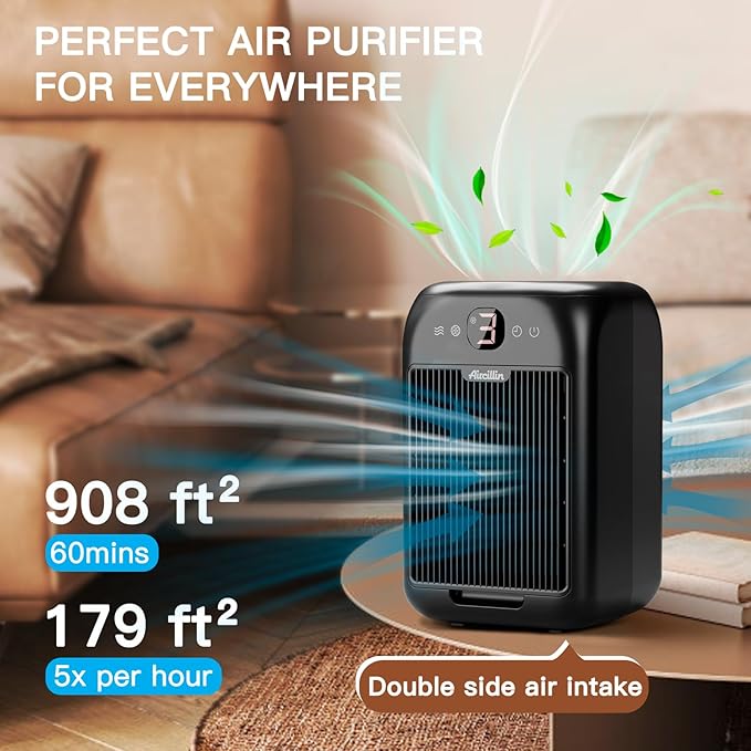 2-Pack Air Purifiers for Home Large Room Up to 908 Sq Ft Each One, HEPA Air Purifiers for Bedroom with Aromatherapy, HEPA Filter for Smoke, Pet Dander, 99.9% of 0.1 Microns Particles Black