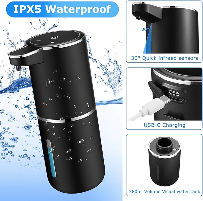 2 Pack Automatic Soap Dispenser,Automatic Liquid Soap Dispenser Touchless,12.8oz/380ml USB Rechargeabled Wall Mounted Smart Soap Dispensers for Bathroom Kitchen Dish Soap(Black)