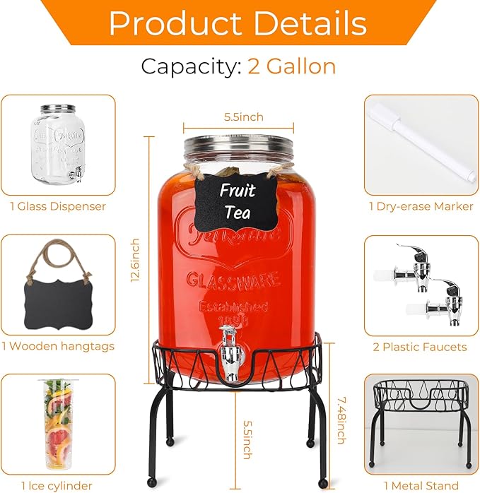 2 Gallon Glass Drink Dispensers, 1 Pack Clear Beverage Dispenser with Stand and Spigot for Parties, Drink Dispenser with Ice Core and Sticker for BBQ, Picnic, Lemonade Dispenser