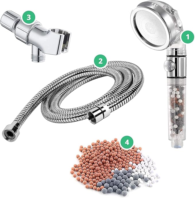 Original StoneStream EcoPower High Pressure Handheld Shower Head with ON OFF switch- 3 Spray Settings with Hose, Wall Adapter and Replacement Beads