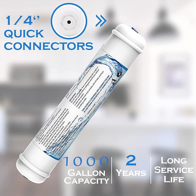 2 Pack Inline Water Filter 1/4" Quick-Connect Replacement Cartridge Inline Activated Carbon Block Filter for Refrigerator, Ice Maker, Under Sink System, Reduces Chlorine, Fluoride, Limescale and More