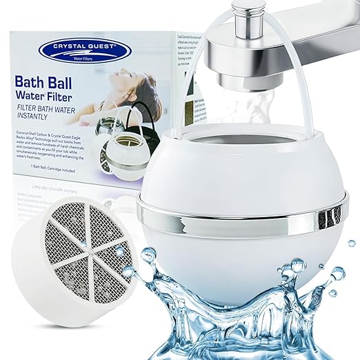 Crystal Quest Bath Ball Water Filter for Bathtub - 3-Stage Filtration, Removes Chlorine, Chloramine & Byproducts, 2,500 Gallons, BPA Free, pH Balanced Water, Fits Most Tubs, Easy Install - White