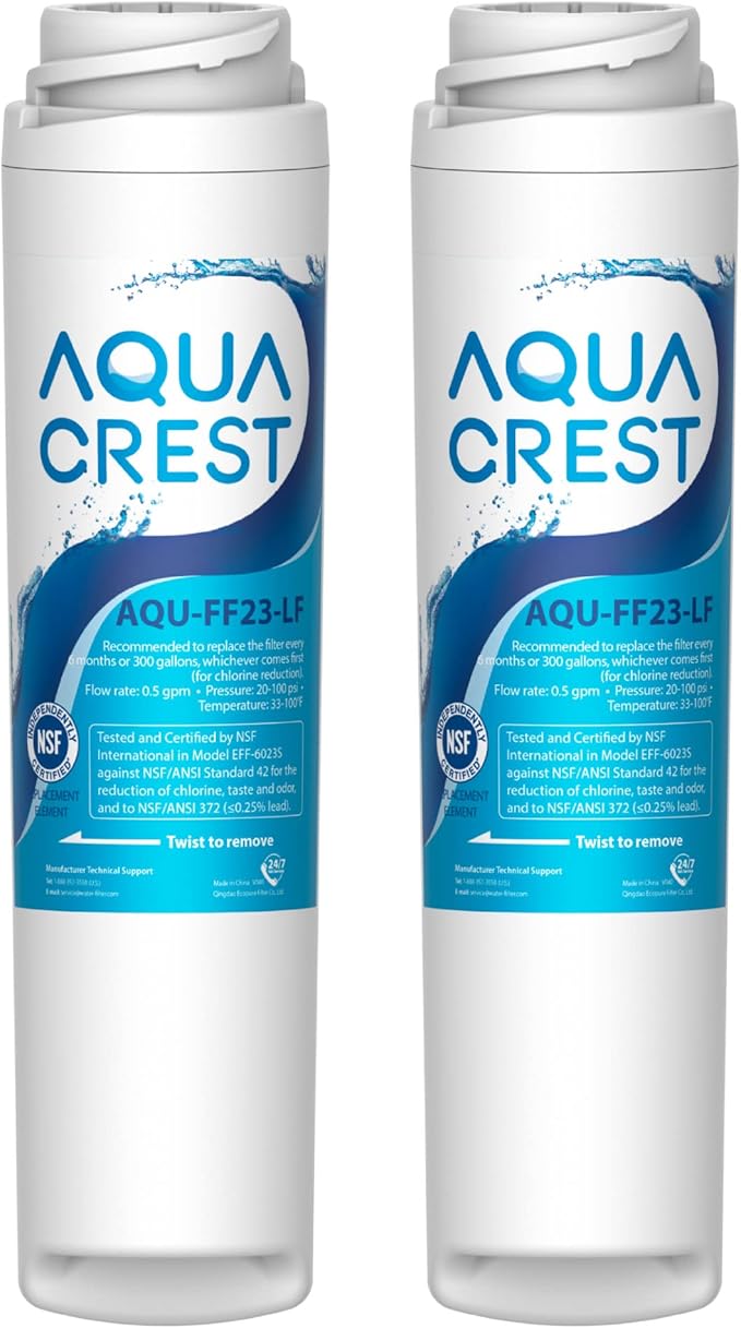 AQUA CREST FQSLF, FQSVF Under Sink Water Filter, Replacement for GE FQSLF, FQSVF, FQSVN, FQROPF, GXSV65R Undersink Water Filter, NSF 42 Certified (2 Pack), Model no.AQU-FF23-LF