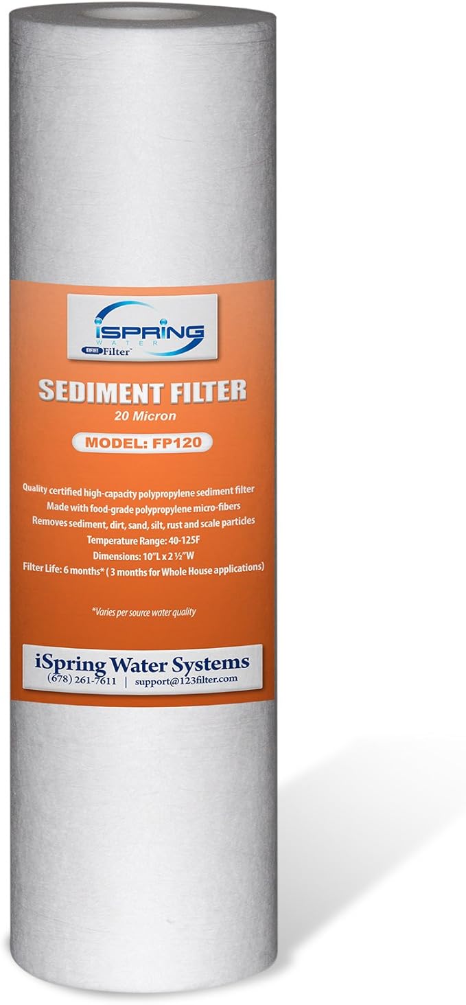 iSpring FP120X50 10"x2.5" Universal Sediment Water Filter Replacement Cartridges, 20 Micron Multi-layer Sediment Filter, 50 Pack