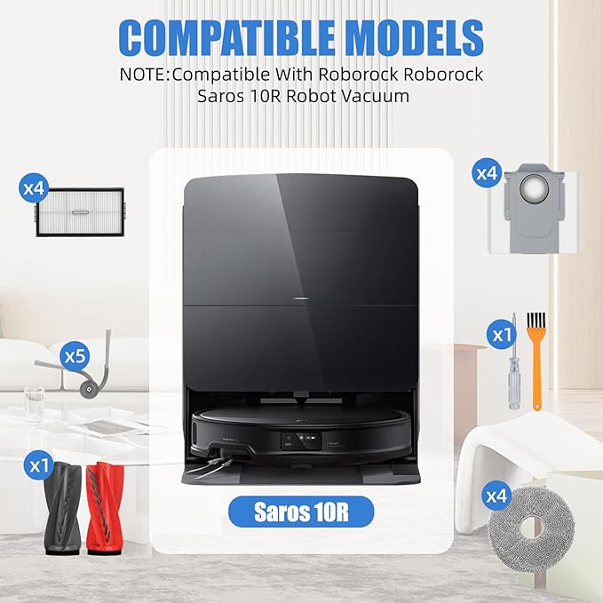 28 Pack Replacement Parts Compatible with Roborock Saros10R Robot Vacuum Cleaner,Parts Include:2 Dual Main Brush,7 Side Brush,5 HEPA Filter,6 Mop Cloth,6 Dust Bag,1 Cleaning Tool&1 Screwdrive