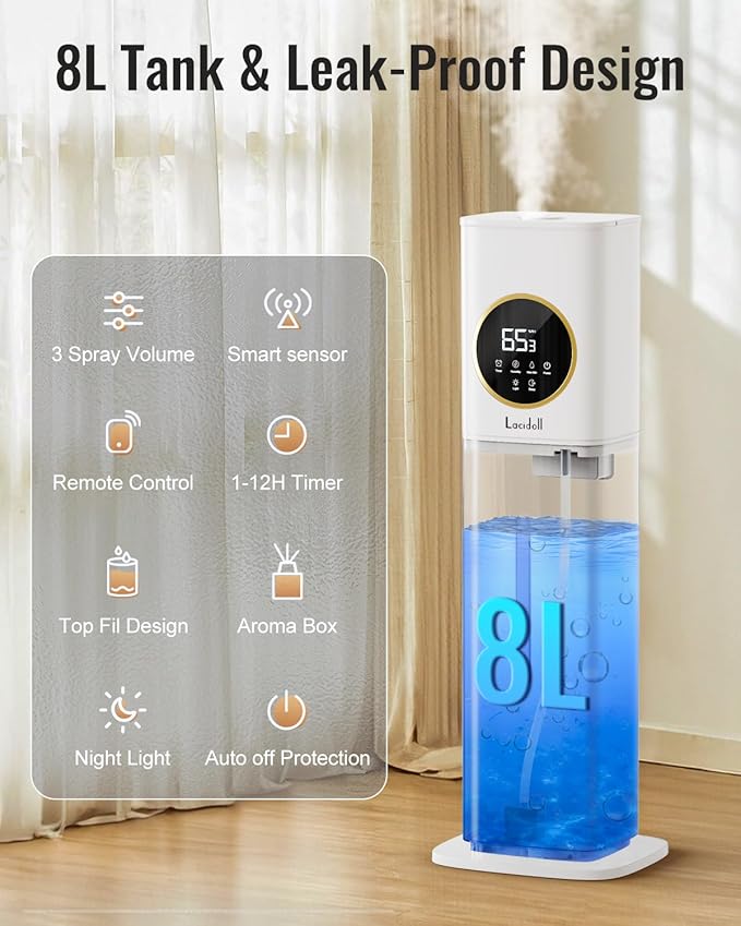 Humidifiers for Bedroom, 2.1Gal/8L Humidifier large room with Essential Oil Diffuser, Night Light, Top Fill Whole House Cool Mist Humidifiers for Plants Baby Kids Adults Greenhouse(White)