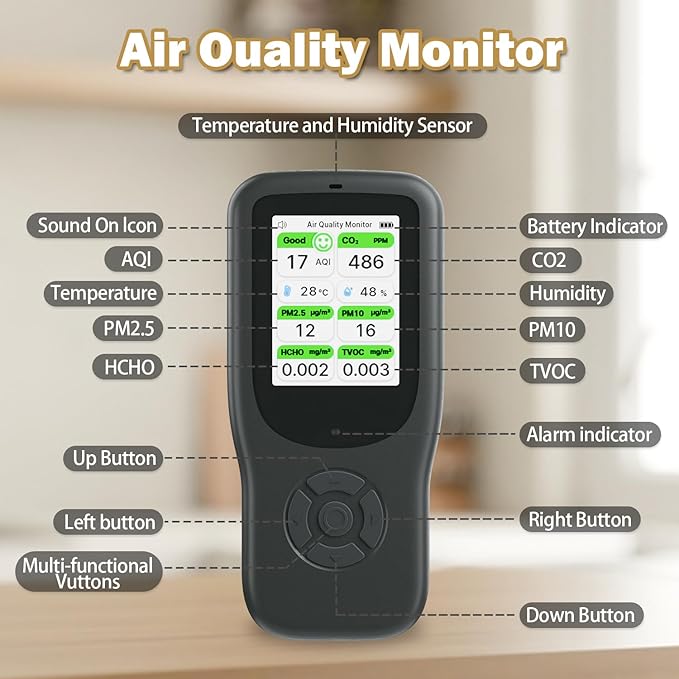 11-in-1 Air Quality Monitor - Portable Indoor Air Quality Detector with Stand, Real-Time Test for AQI, CO2, PM2.5, PM1.0, PM10, TVOC, HCHO, Particles, Temperature & Humidity with Aler (Black-White)