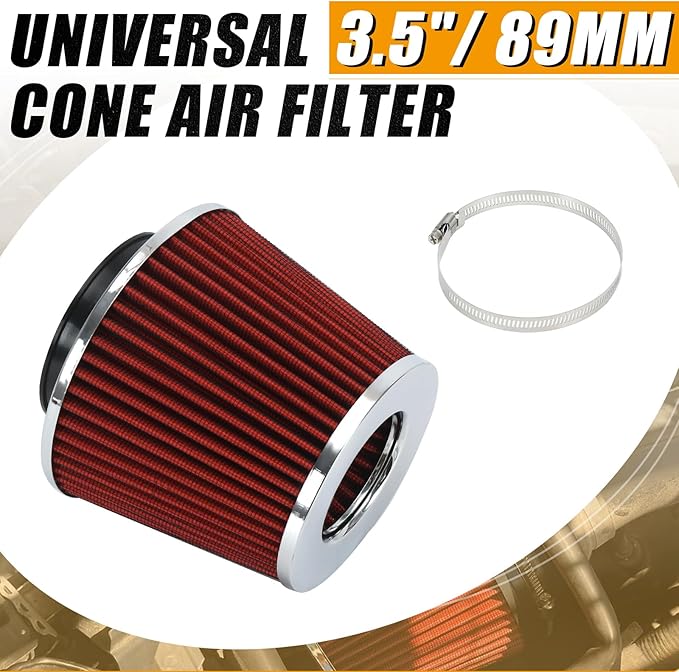 PTNHZ Universal Red 3.5" 89mm High Flow Cold Air Intake Cone Air Filter Power Intake Air Inlet System Air Cleaner