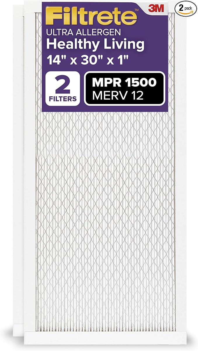 Filtrete 14x30x1 AC Furnace Air Filter, MERV 12, MPR 1500, CERTIFIED asthma & allergy friendly, 3 Month Pleated 1-Inch Electrostatic Air Cleaning Filter, 2-Pack (Actual Size 13.81x29.81x0.78 in)