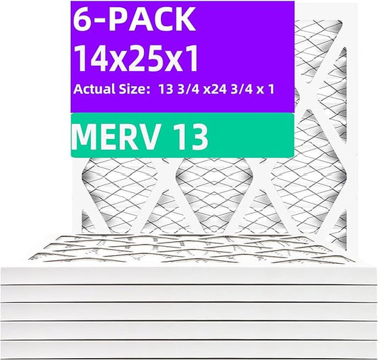 14x25x1 MERV 13 (6-Pack) Pleated Air Filter (Actual Size: 13.75" x 24.75" x 0.75") MPR 1900 & FPR 10, Furnace Air Filters