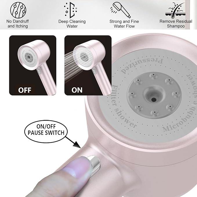 High Pressure Shower Head with Handheld, with Pause Switch 4 Spray Modes Water Saving Showerhead,Showerhead Set with Hose, Bracket and Cotton Filter, (pink)